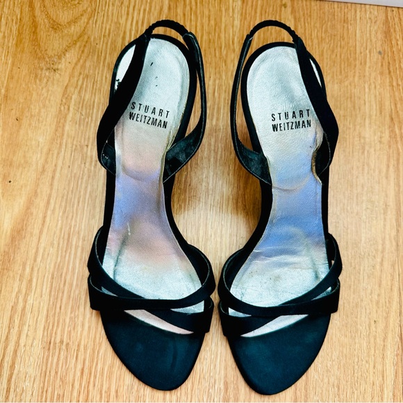 Stuart Weitzman Black Satin Open Toe Slingback Heels Size 7.5 - Picture 5 of 9